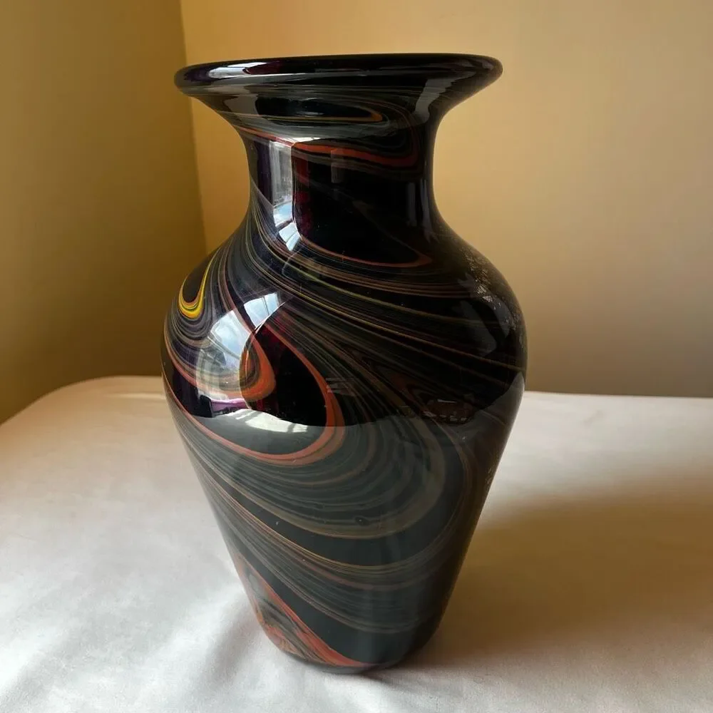 Murano Style Art Glass Vase Hand Blown Black with Gold Foil Mid Century Modern - Picture 11 of 12